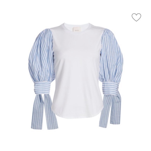 Cinq a Sept Carlie Top White W/ Contrast Blue Striped Sleeves - Picture 2 of 13